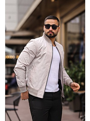 Baselco Erkek Krem Bomber Ceket Uzun Kol Slim Fit Günlük Tarz Çift Cepli Bej Renk Dokuma Kumaş