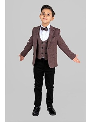 Mnk Baby & Kids Bordo Mendil Damatlık Ceketli Yelekli Erkek Çocuk Takım MNK0487 Regular Fit