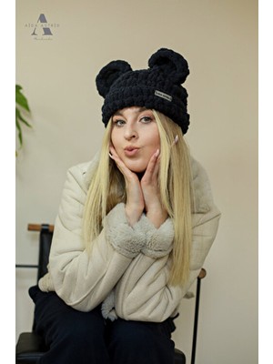Ayı Şapka Puffy Bere Düz Siyah Ayıcık Kulaklı Bere Maske Kışlık Şapka Hayvan Figürlü Bere