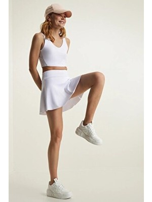 Beyaz Darkalıp Yüksek Bel Içi Taytlı Tenis Etek Darkalıp Polyamid Kumaş Mini Etek 40 cm