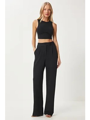 Kadın Siyah Beli Cırtlı Rahat Dokuma Pantolon RV00150