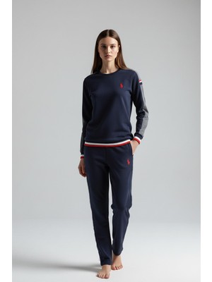 U.S. Polo Assn. Kadın Lacivert Bisiklet Yaka Düz Paça Şerit Detaylı  Pijama Takımı C6T1N102