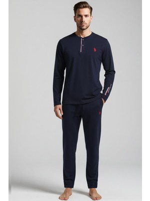 Erkek Büyük Beden Uzun Kollu Lacivert Düğmeli Yaka Düz Paça Pijama Takımı C9T5N981