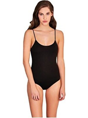 Berrak Kadın Siyah Ip Askılı Alttan Çıtçıtlı Badi 3'lü Dokuma Kumaş ve Modern Yaka Kesimi