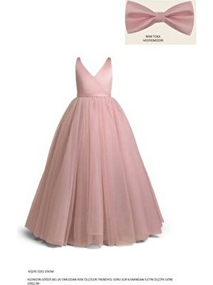 Kız Çocuk Pudra Anvelop Abiye Elbise Doğum Günü İçin Kişiye Özel Dikim V Yaka Slim Fit