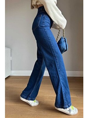 Koyu Mavi Kadın Salaş Likralı 90's Süper Yüksek Salaş Paça Kot Palazzo Pantolon