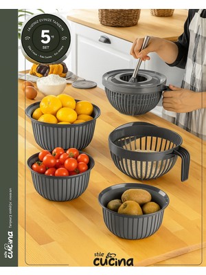 Stile Cucina 5 Parça Linea Çok Amaçlı Çeyiz Seti Antrasit  1x( Mikser Kabı 3lt) 1x(3 Boy Kase) 1x(Pirinç Süzgeçi 3lt)