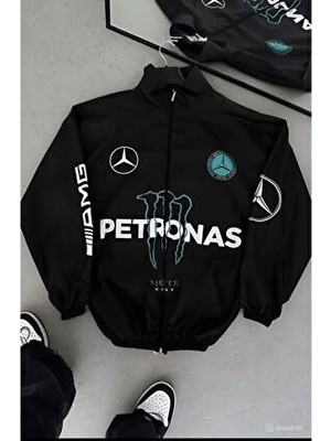 Unisex Paraşüt Kumaş Oversize Dijital Baskılı Siyah Rüzgarlık Yağmurluk