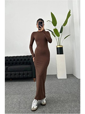 Lumuteks Kadın Kahve Hailey Uzun Kollu Maxi Elbise Abiye Stil Düz Desen ile Özel Olaylar İçin Tasarlandı