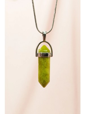 Moldavit Doğal Taşı Zincirli El Yapımı Tasarımlı Kolye Uç: 3,5 cm Zincir: 20 cm Kutulu