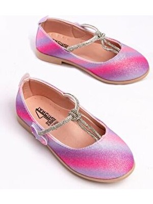 Kız Çocuk Renkli Simli Kaydırmaz Taban Taşlı Babet