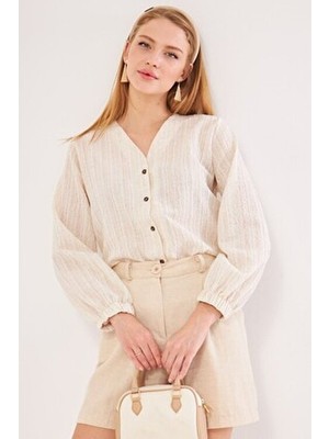 Kadın Krem Kolu Lastikli Bürümcük Gömlek ARM-24K001002