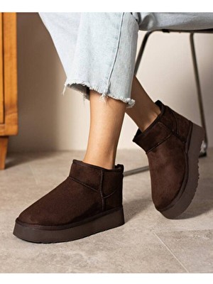 Mini Kahve Süet Içi Kürklü Kalın Taban Kadın Bot
