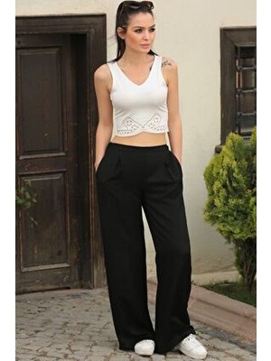 Armonika ARM-17Y00047 Kadın Bol Pantolon Siyah Desenli Viskon Günlük Stil L Beden