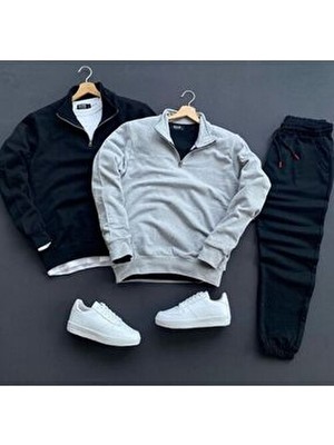 3lu Kombin Yarım Fermuarlı Pamuklu Siyah Sweat-Pamuklu Siyah Eşofman Altı Takım Alt Üst 3