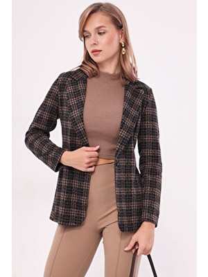 Armonika Kadın Vizon Ekose Ceket ARM-19K001131 Uzun Kol Regular Kalıp Kahverengi Dokuma Malzeme