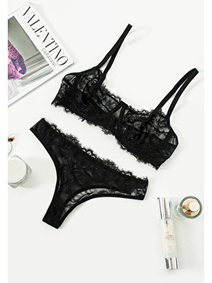 La Linaa Anna Siyah Dantel Kapsız Külotlu Sütyen Takım 2 Parça Düz Desenli Kadın İç Giyim