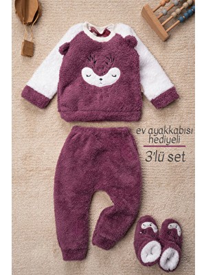 Mai Perla Kız Welsoft 3 Parça Geyik Desenli Bebek Takım Hediyeli Ev Ayakkabısı ile Mor Renkli
