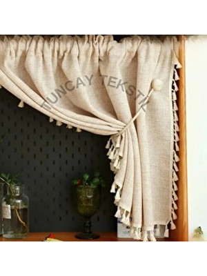 Tuncay Tekstil Natural Ponponlu Kısa Keten Perde Bej Renkli Pilesiz Düz Desenli 50 x 150 cm