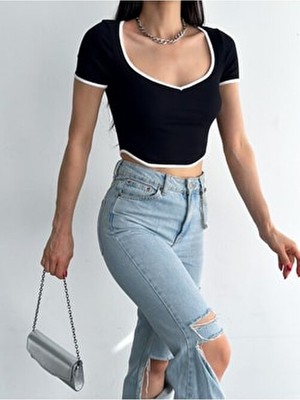 Qutta Siyah Kalp Yaka Kısa Kollu Fitilli Kadın Crop Bluz Polyester Pamuk Slim Fit