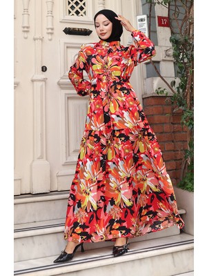 Modal Kumaş Yarım Düğmeli Elbise 0164-02 Kırmızı Siyah