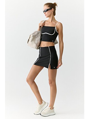 Marıa Kadın Siyah Yumuşacık Etek Şerit Biye Detaylı Mini Yırtmaçlı XL Beden Örme Kumaş