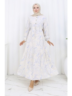 Sefa Merve Keten Kumaş Beli Bağcıklı Düğmeli Elbise 0173C-03 Bej Lacivert