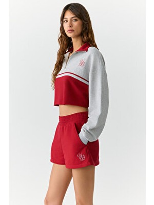 Vanloo Kadın Beli Lastikli Cepli Parça Baskı Relaxed Kırmızı Şort