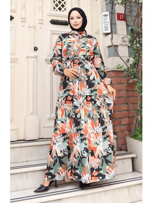 Sefa Merve Modal Kumaş Yarım Düğmeli Elbise 0164-04 Haki Kiremit