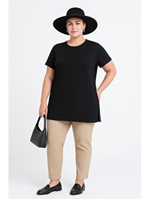 Büyük Beden Kısa Kollu Bisiklet Yaka Yanları Yırtmaçlı Basic T-Shirt Rft-01