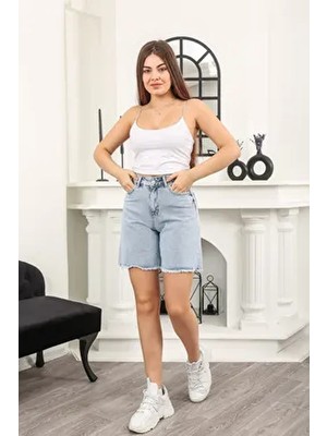 Kadın Yüksek Bel Uzun Açık Mavi Denim Likralı Kot Şort Paça Püsküllü