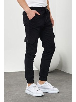 Damga Jeans Erkek Siyah Lastikli Paça Yüksek Bel Kargo Cepli Pantolon Pamuk - Elastan Slim Fit