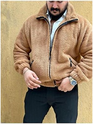 Camel Tarçın Peluş Wellsoft Dik Yaka Cepleri Fermuarlı Oversize Kesim Peluş Ceket