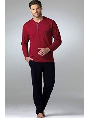 Pierre Cardin Erkek Bordo Penye Pijama Takımı 2'li Uzun Kol Düz Desenli Basic Konforlu Homewear