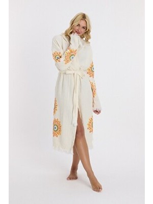 Mulberry Muslin Peştemal Bornoz Kadın Banyo ve Plaj Elbisesi Pamuk Kapüşonlu Düz Sarı