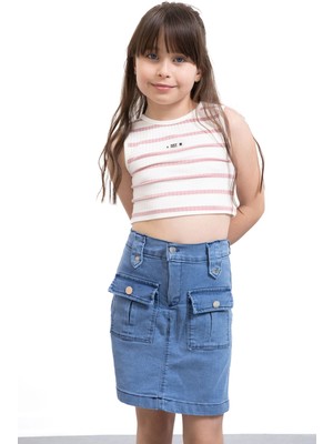 Mavi Ön Cepli Beli Lastikli Kız Çocuk Jean Şort Etek 21122