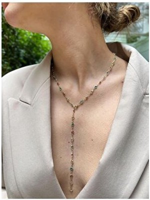 Renkli Damla Taş Detaylı Y Model Kadın Kolye 2 Farklı Model Seçeneği Sarı Maden Rengi