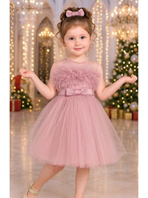 Abiye Kız Çocuk Elbisesi Tüllü Saten Incili Düğün ve Doğum Günü