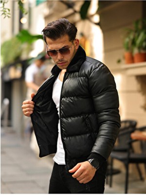 Baselco Erkek Siyah Şişme Deri Mont Slim Fit Günlük Kullanım İçin Rüzgar Geçirmez Özellikli