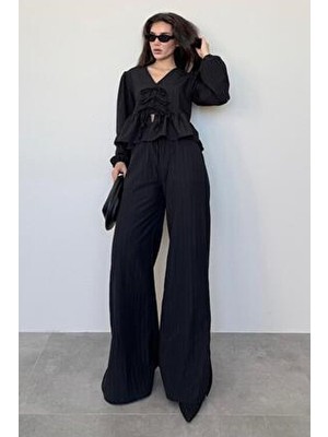Siyah Önü Bağlamalı Bluz Pantolon Takımı MG2343