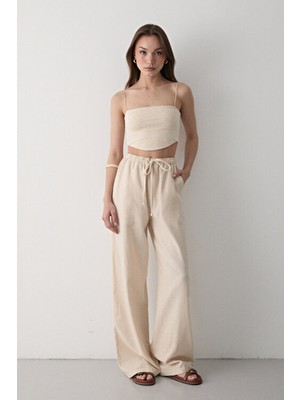 Jaste Kadın Beli Lastikli Bol Paça Palazzo Keten Pantolon BEJ