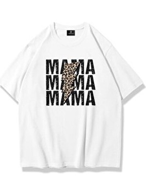 Trendiz Mamamama Kadın Beyaz T-Shirt Kısa Kol Pamuklu Günlük Stil Oversize Tasarım