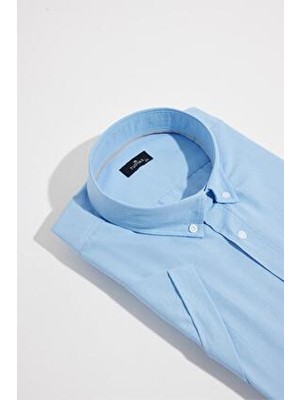 Tudors Erkek Büyük Beden Düğmeli Yaka Kısa Kol Mavi Gömlek Pamuklu Stil Cepli