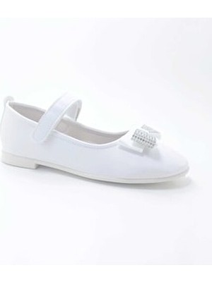 Belirtilmemiş Beyaz Suni Deri Kız Çocuk Ortopedik Babet Taşlı Fiyonklu Kauçuk Tabanlı Günlük Ayakkabı