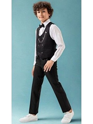Erkek Çocuk Smokin Takım Elbise – Pantolonlu Yelekli Papyonlu Gömlekli Zincirli 5’li Set