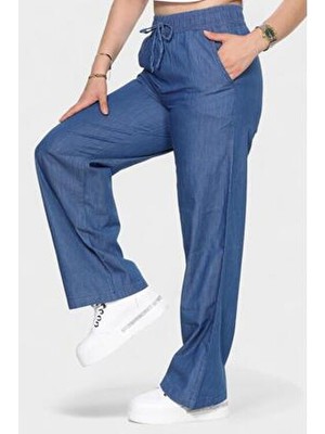 Beli Lastikli Bağlama Detaylı Cepli Denim Bol Paça Pantolon