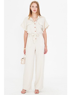 Kadın Ekru Önden Düğmeli Beli Kuşaklı Cepli Yarasa Kol Palazzo Tulum ARM-24Y001105