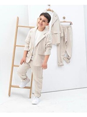 Erkek Çocuk Keten Takım Yaz Sezonu İçin Bej Renkli Regular Fit Ceket Yaka Düz Desenli