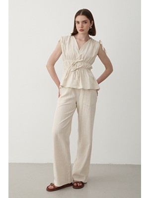 Jaste Kadın Omuz Bel Büzgülü Bluz & Beli Lastikli Pantolon Keten Takım BEJ
