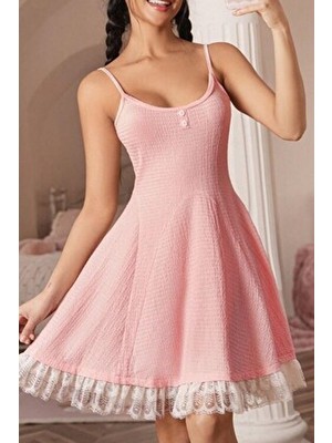 Bella Notte Romantik Pembe Dantel Detaylı Düğmeli Gecelik Kadın Askılı Uzun Dokuma Kumaş M